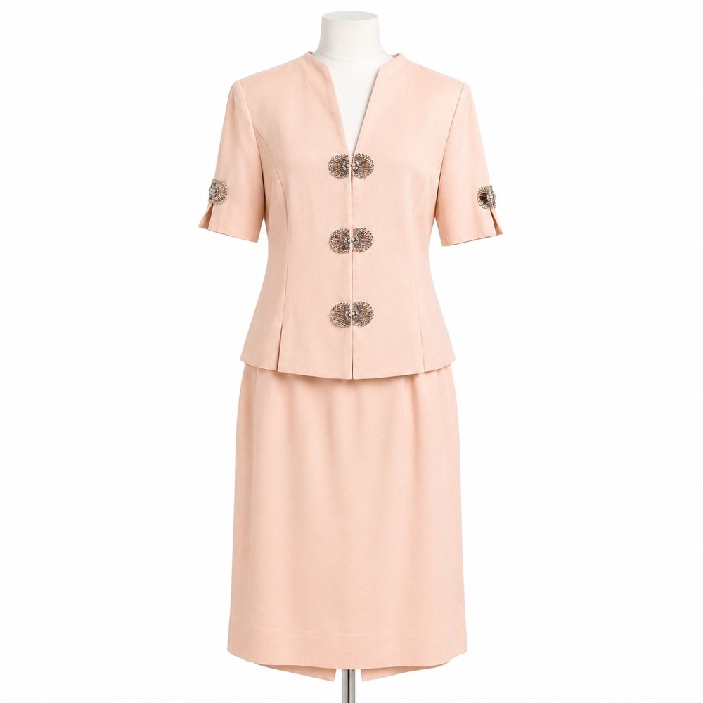 Karen Miller Skirt Suit Women 8 Peach Vintage Beaded Sequin Frog Closure 2 Piece